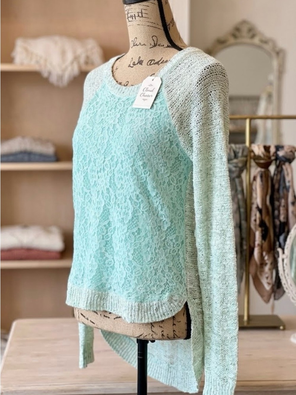 Cloud Chaser Mint Lace-Front Crewneck High Low Sweater